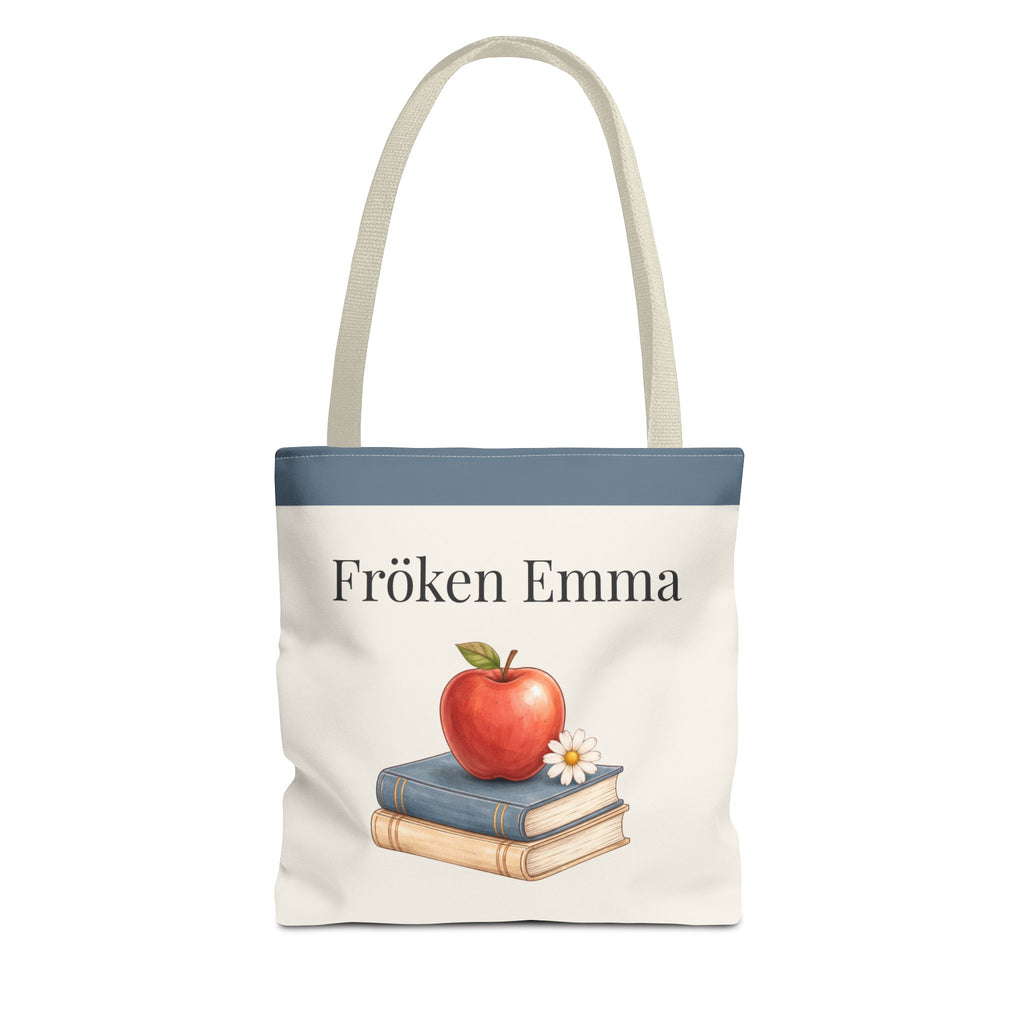 Personlig tygpåse till lärare med namn – klassisk present med äpple & böcker