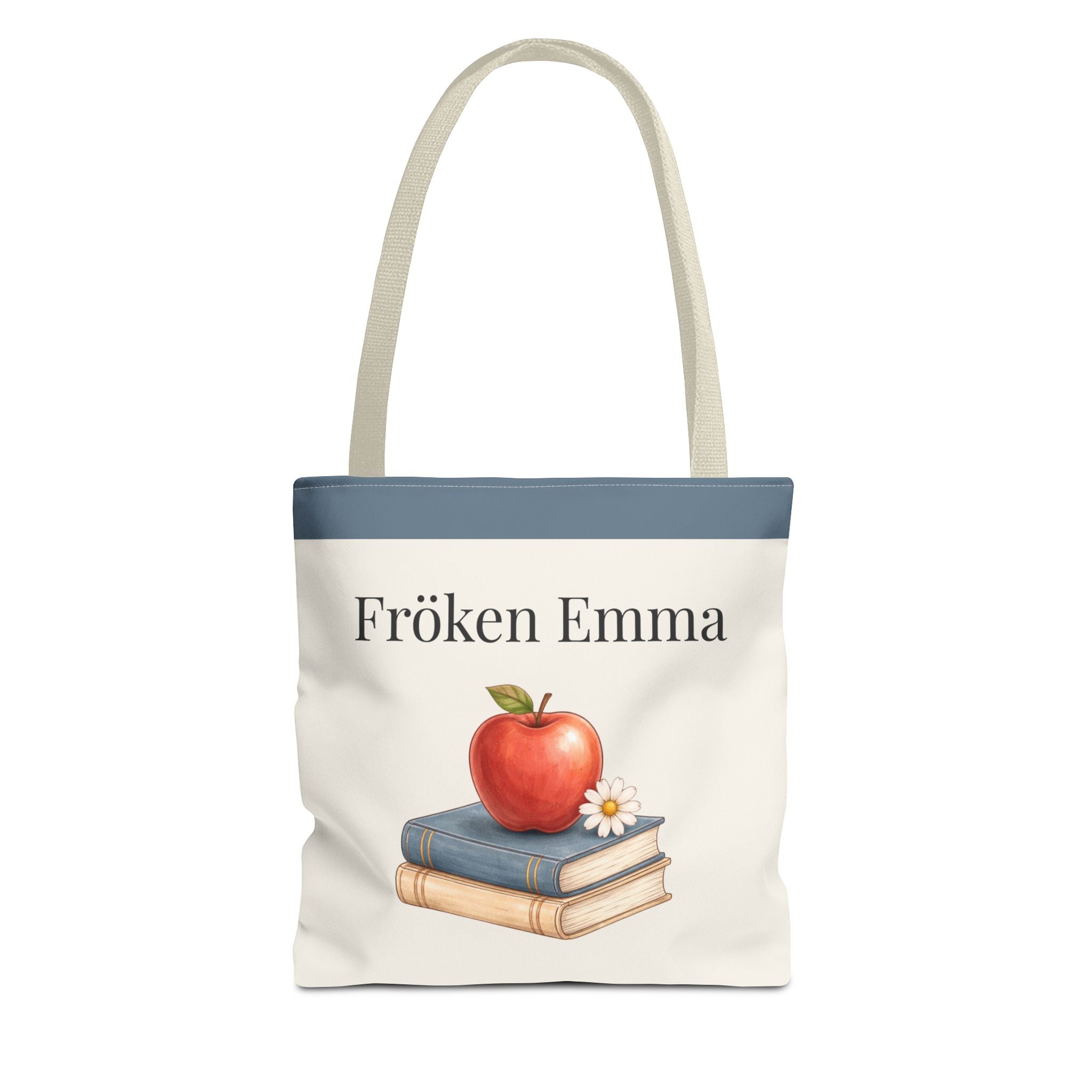 Personlig tygpåse till lärare med namn – klassisk present med äpple & böcker