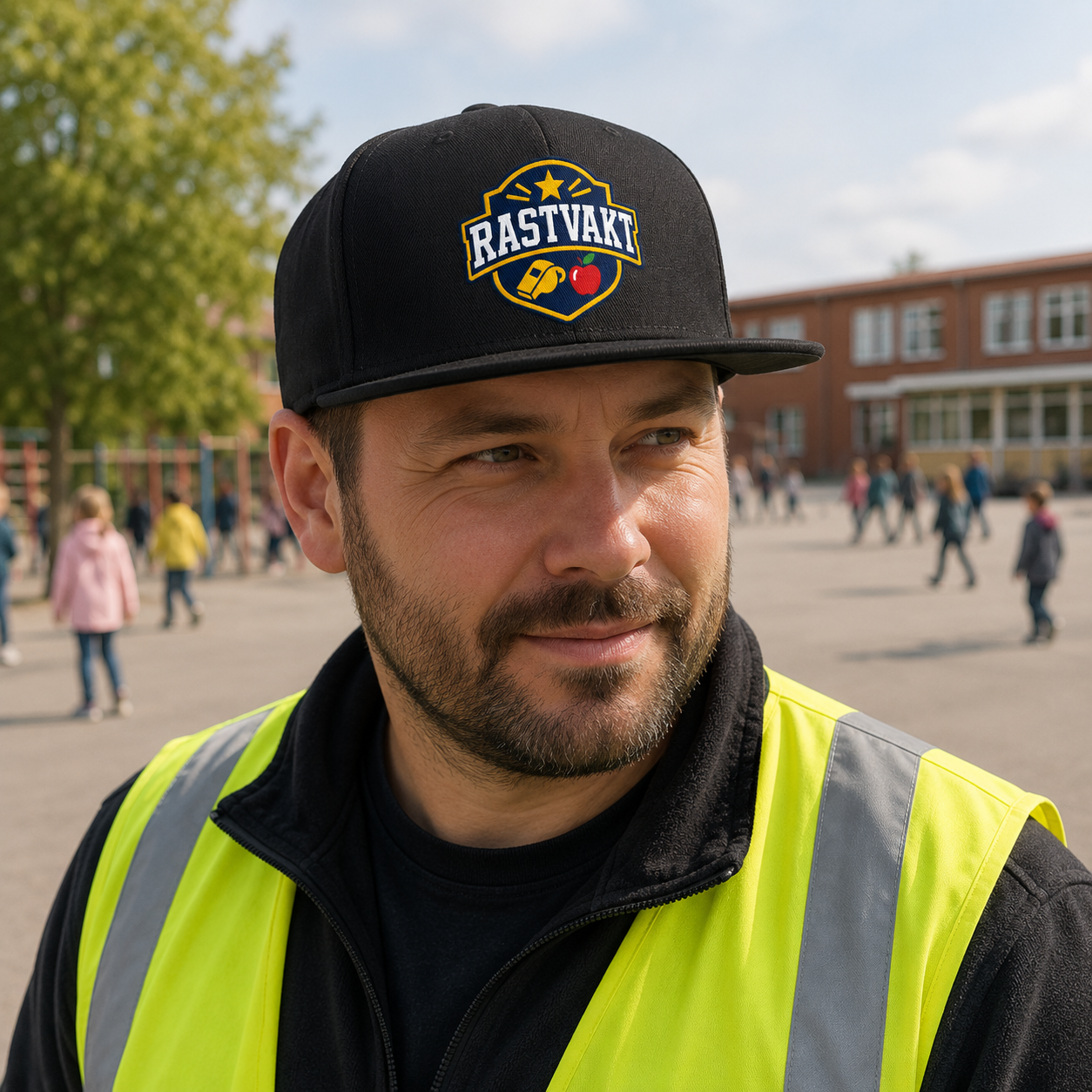 Rastvakt bär svart rastvaktskeps med tryck på skolgården