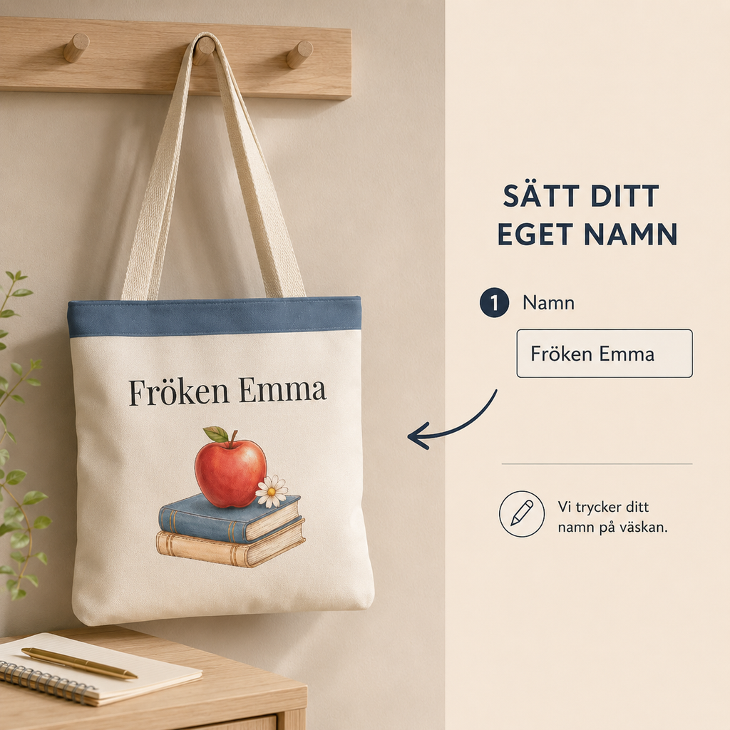 Personlig tygpåse till lärare med namn – klassisk present med äpple & böcker
