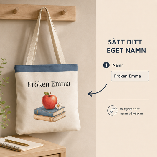 Personlig tygpåse till lärare med namn – klassisk present med äpple & böcker