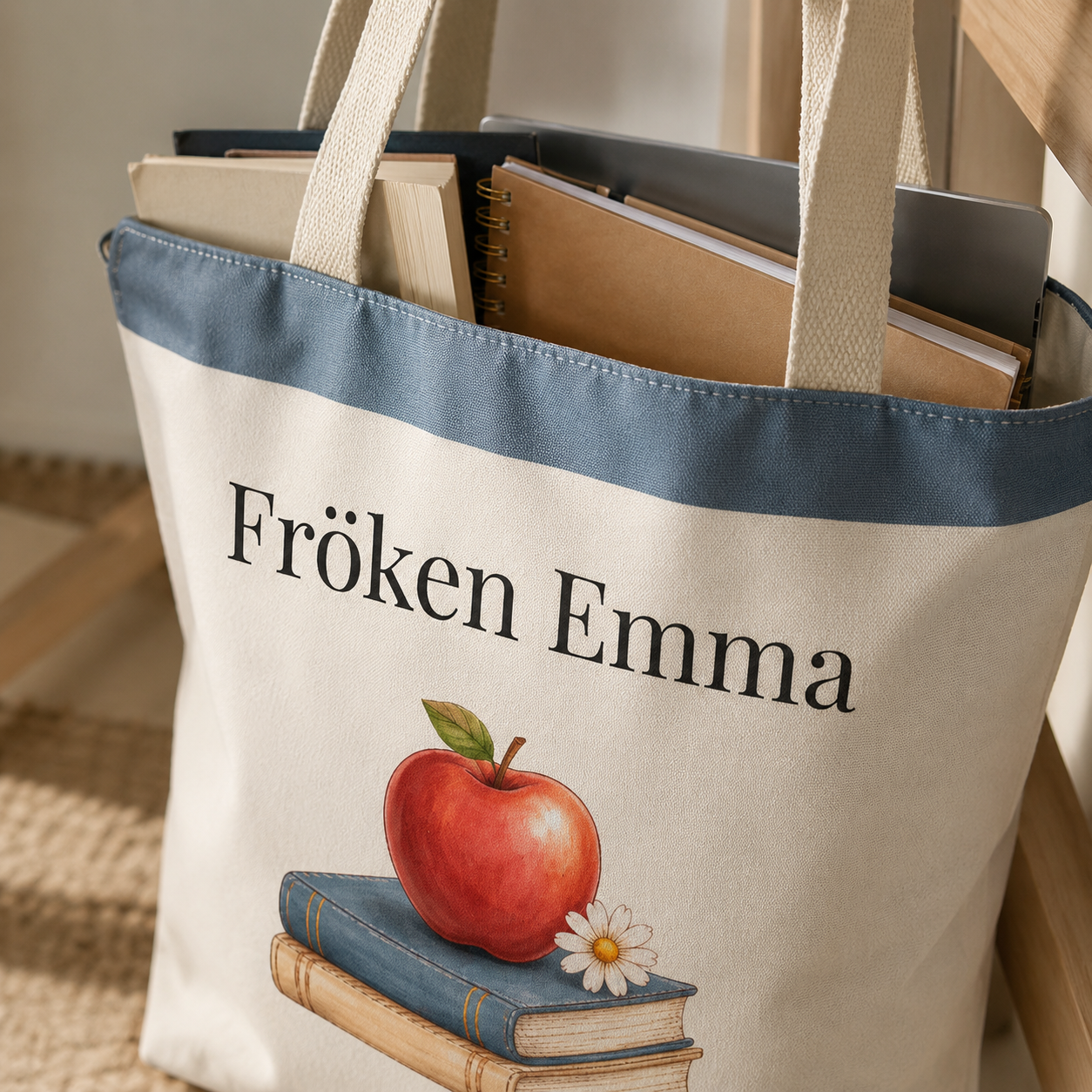 Personlig tygpåse till lärare med namn – klassisk present med äpple & böcker