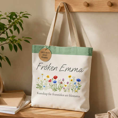 Personlig tygpåse till lärare med namn – blomdesign present skolavslutning