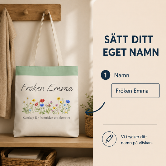 Personlig tygpåse till lärare med namn – blomdesign present skolavslutning