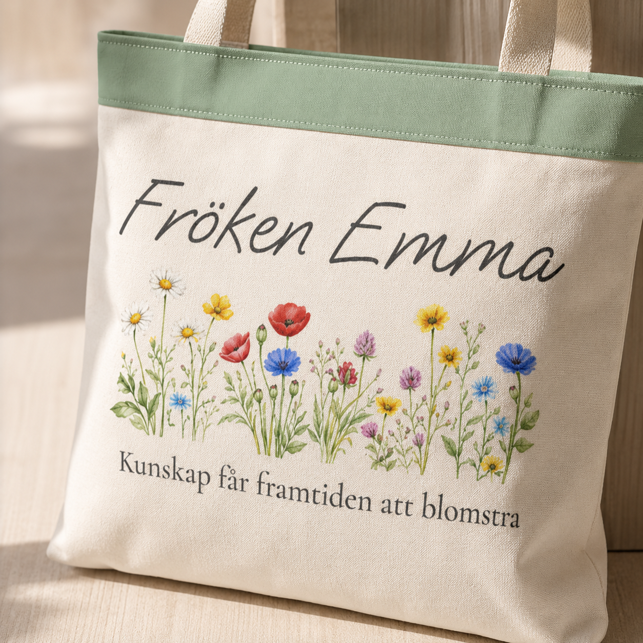 Personlig tygpåse till lärare med namn – blomdesign present skolavslutning