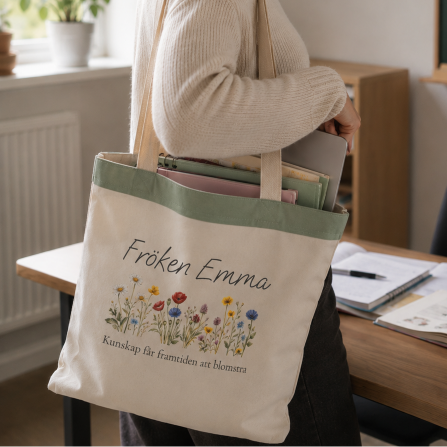 Personlig tygpåse till lärare med namn – blomdesign present skolavslutning