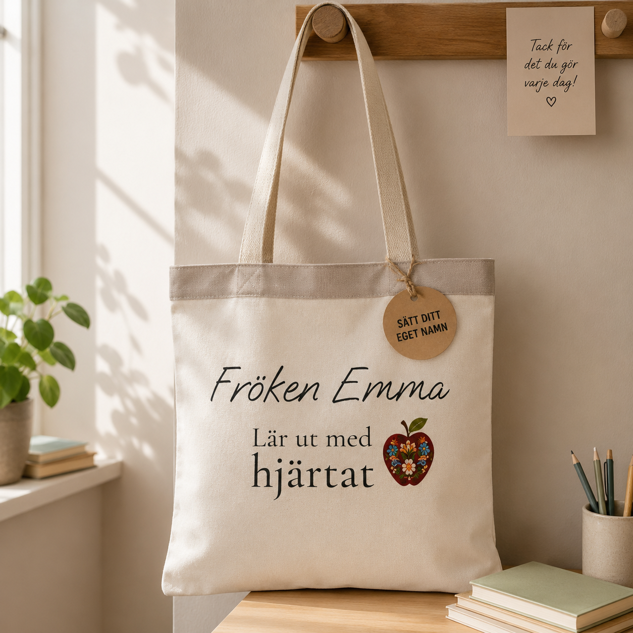 Personlig tygpåse till lärare med namn – lär ut med hjärtat present
