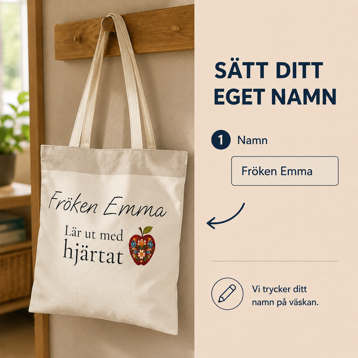 Personlig tygpåse till lärare med namn – lär ut med hjärtat present