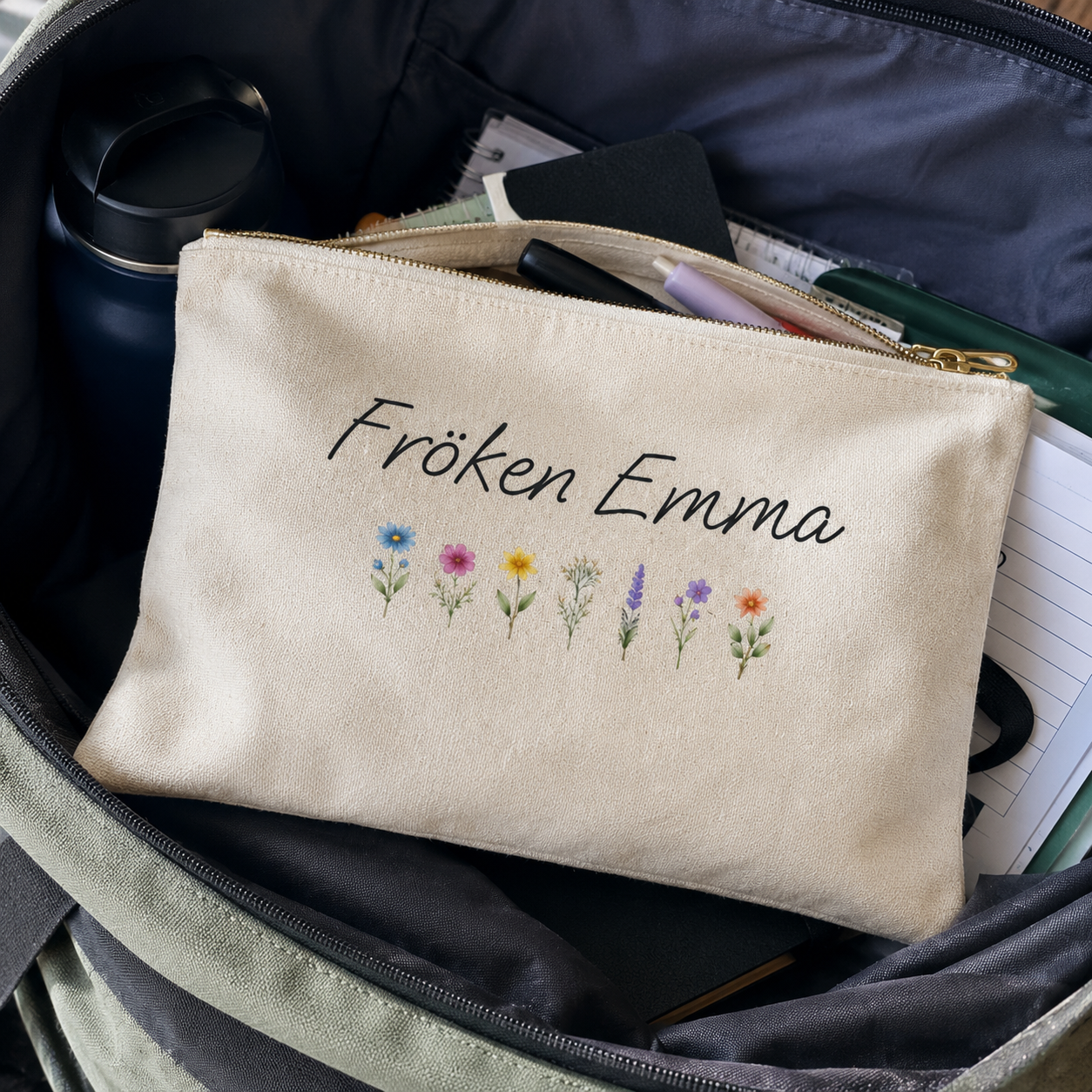 Personligt pennskrin – [Namn] med blommor