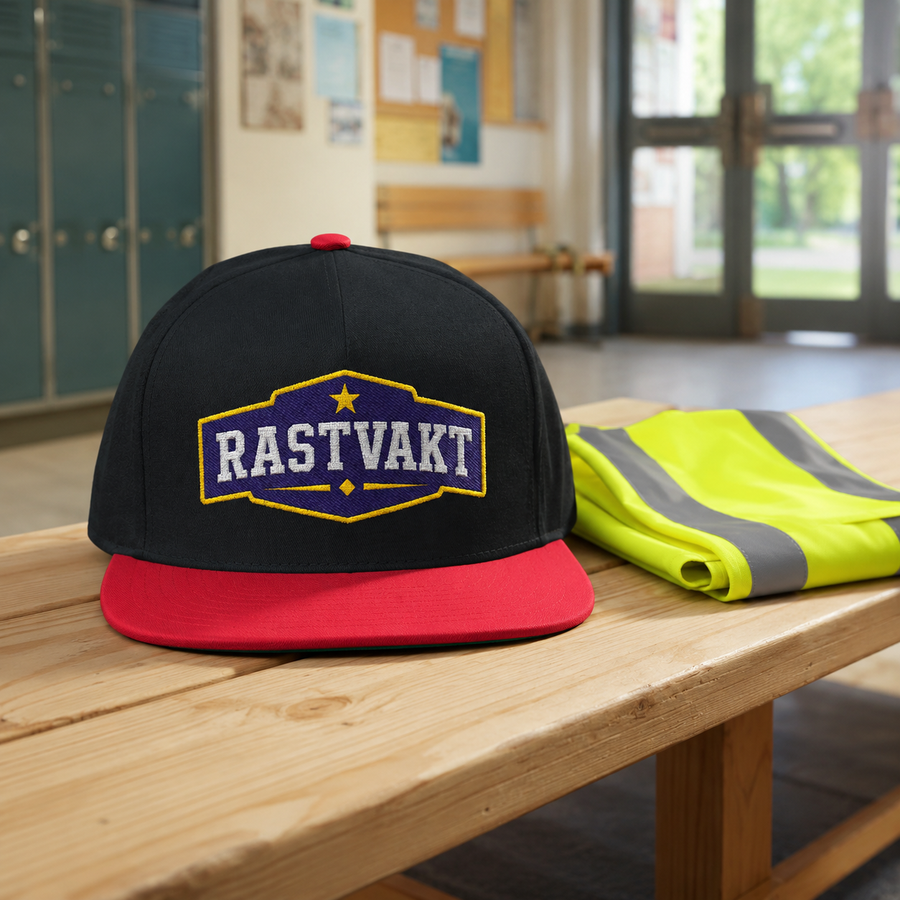 Svart och röd broderad rastvaktskeps på bord i skolmiljö