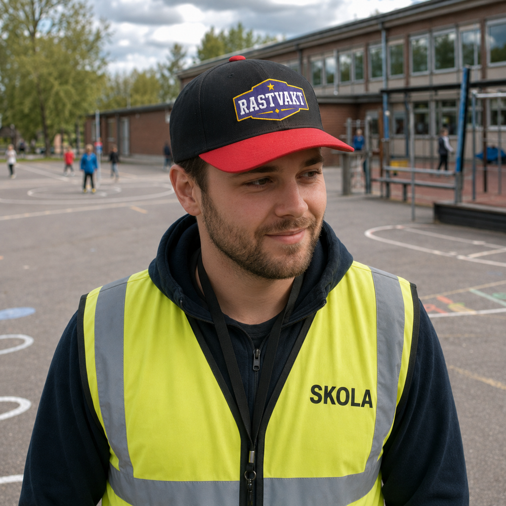 Rastvakt bär svart och röd broderad rastvaktskeps på skolgården