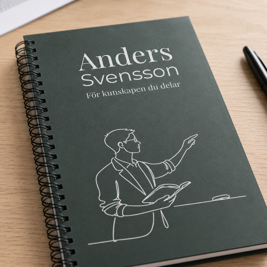 Närbild på personlig grön anteckningsbok med namnet Anders Svensson och lärarmotiv