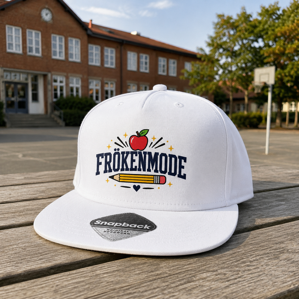 Vit Frökenmode-keps med tryck för lärare och pedagoger framför en skola