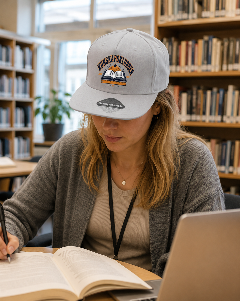 Lärare bär Kunskapsklubben-keps med tryck i skolbibliotek