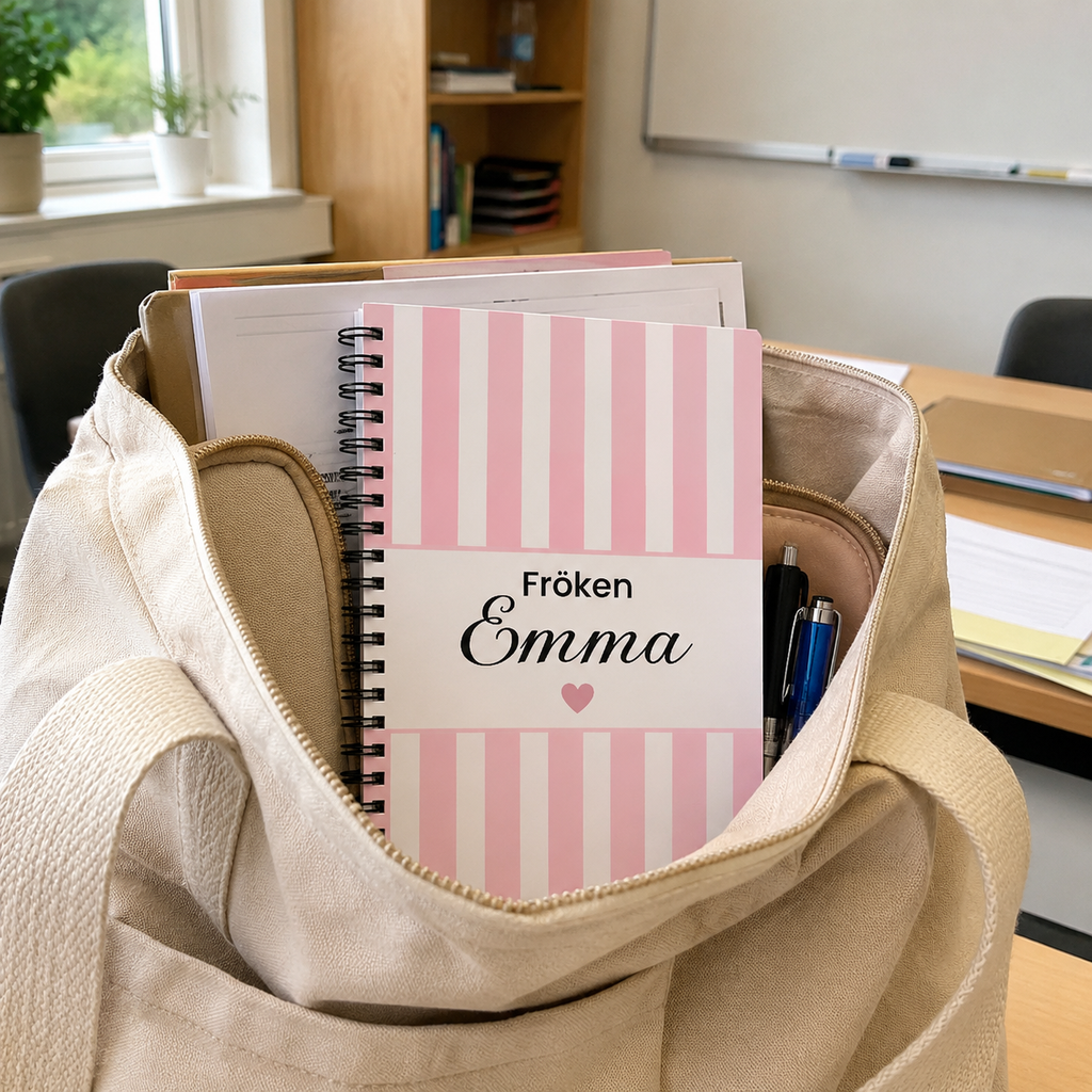 Personlig anteckningsbok till fröken med namn på lärarbord i skolmiljö