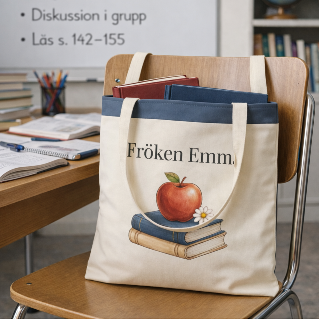 Personlig tygpåse till lärare med namn – klassisk present med äpple & böcker