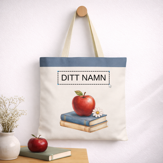 Personlig tygpåse till lärare med namn – klassisk present med äpple & böcker