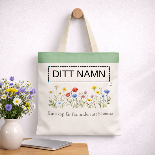 Personlig tygpåse till lärare med namn – blomdesign present skolavslutning
