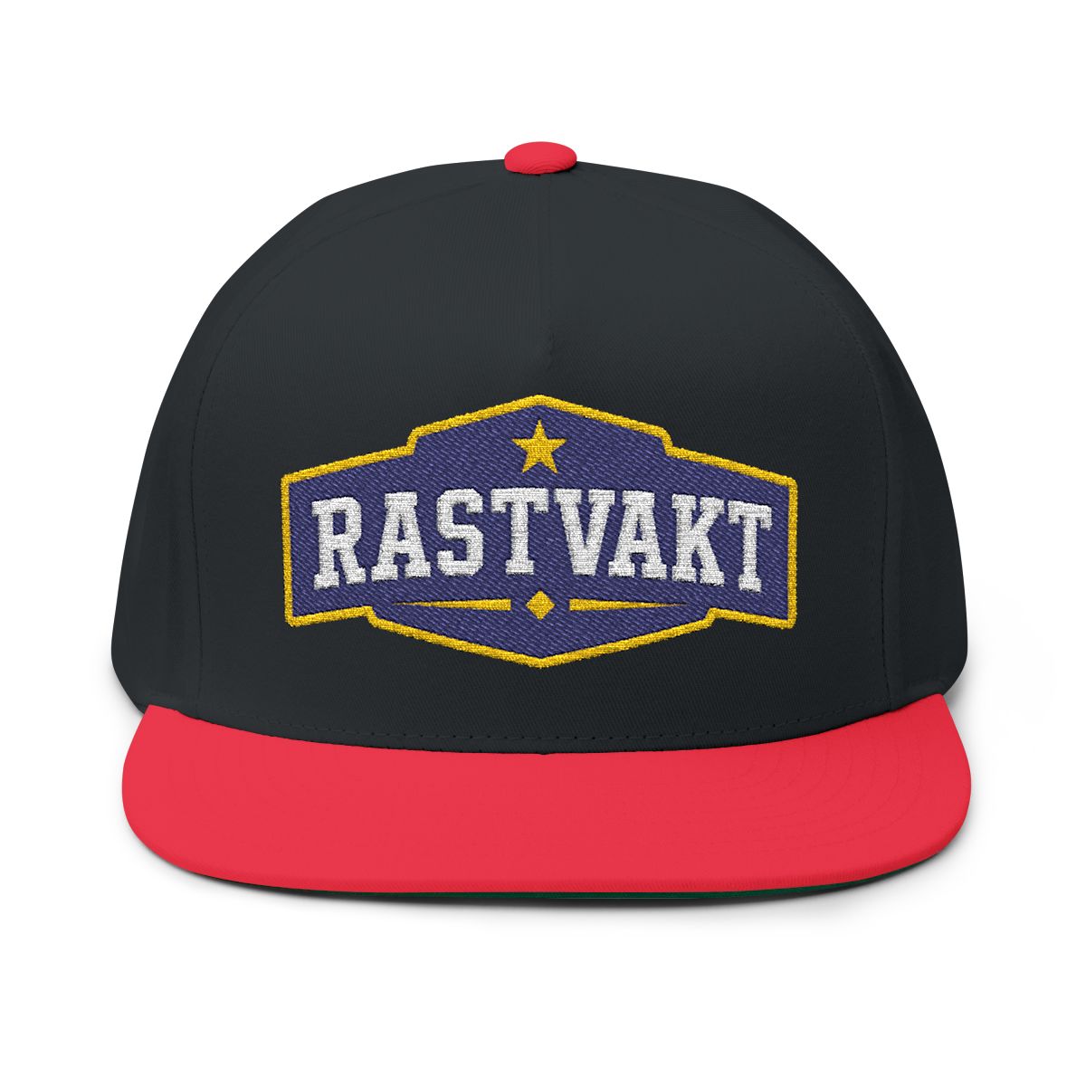Svart och röd snapback-keps med broderad text RASTVAKT